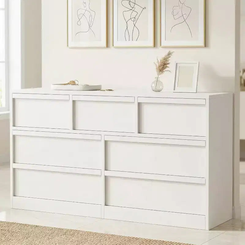 Commode 7 tiroirs, 137 cm de large, style chêne naturel, grande capacité, rangement tiroirs, armoire large, meuble de rangement en bois, convient au salon