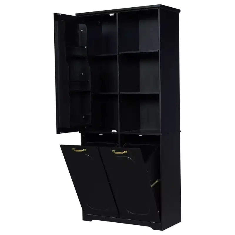 Armoire de rangement haute de salle de bain autoportante de 68 po avec 2 paniers à linge inclinables, étagères réglables, armoire à porte à fermeture en douceur - ModernLuxe
