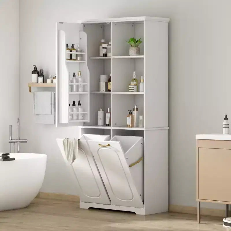 Armoire de rangement haute de salle de bain autoportante de 68 po avec 2 paniers à linge inclinables, étagères réglables, armoire à porte à fermeture en douceur - ModernLuxe