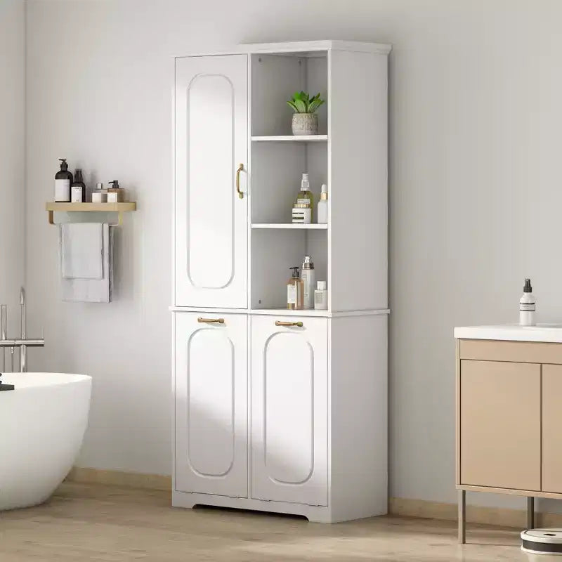 Armoire de rangement haute de salle de bain autoportante de 68 po avec 2 paniers à linge inclinables, étagères réglables, armoire à porte à fermeture en douceur - ModernLuxe