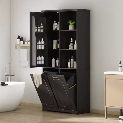 Armoire de rangement haute de salle de bain autoportante de 68 po avec 2 paniers à linge inclinables, étagères réglables, armoire à porte à fermeture en douceur - ModernLuxe