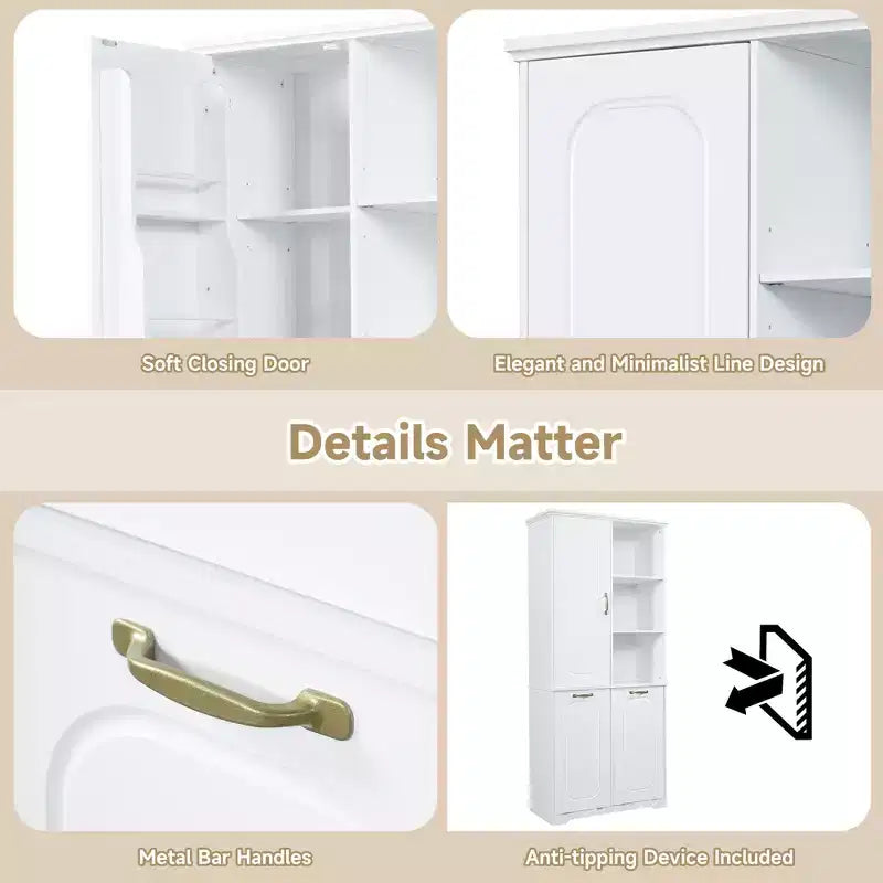 Armoire de rangement haute de salle de bain autoportante de 68 po avec 2 paniers à linge inclinables, étagères réglables, armoire à porte à fermeture en douceur - ModernLuxe