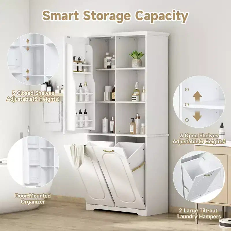 Armoire de rangement haute de salle de bain autoportante de 68 po avec 2 paniers à linge inclinables, étagères réglables, armoire à porte à fermeture en douceur - ModernLuxe
