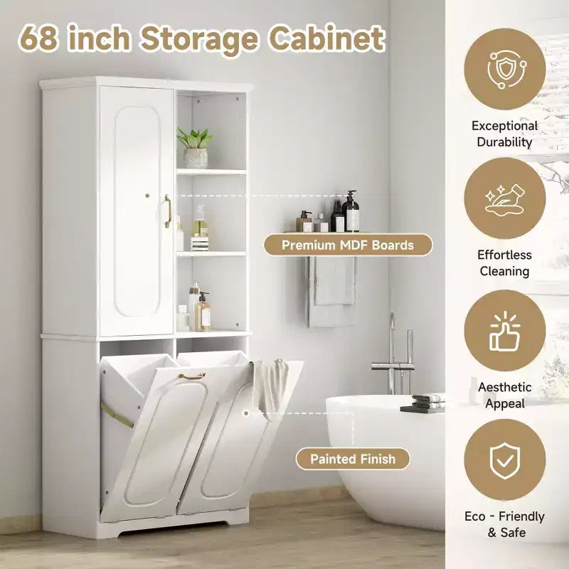 Armoire de rangement haute de salle de bain autoportante de 68 po avec 2 paniers à linge inclinables, étagères réglables, armoire à porte à fermeture en douceur - ModernLuxe