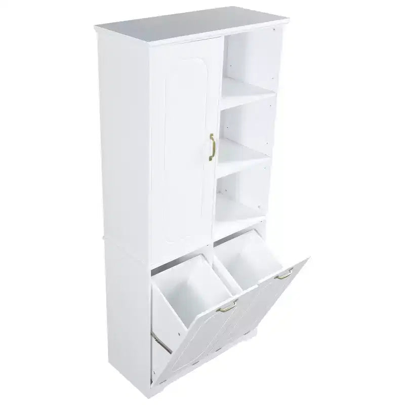 Armoire de rangement haute de salle de bain autoportante de 68 po avec 2 paniers à linge inclinables, étagères réglables, armoire à porte à fermeture en douceur - ModernLuxe