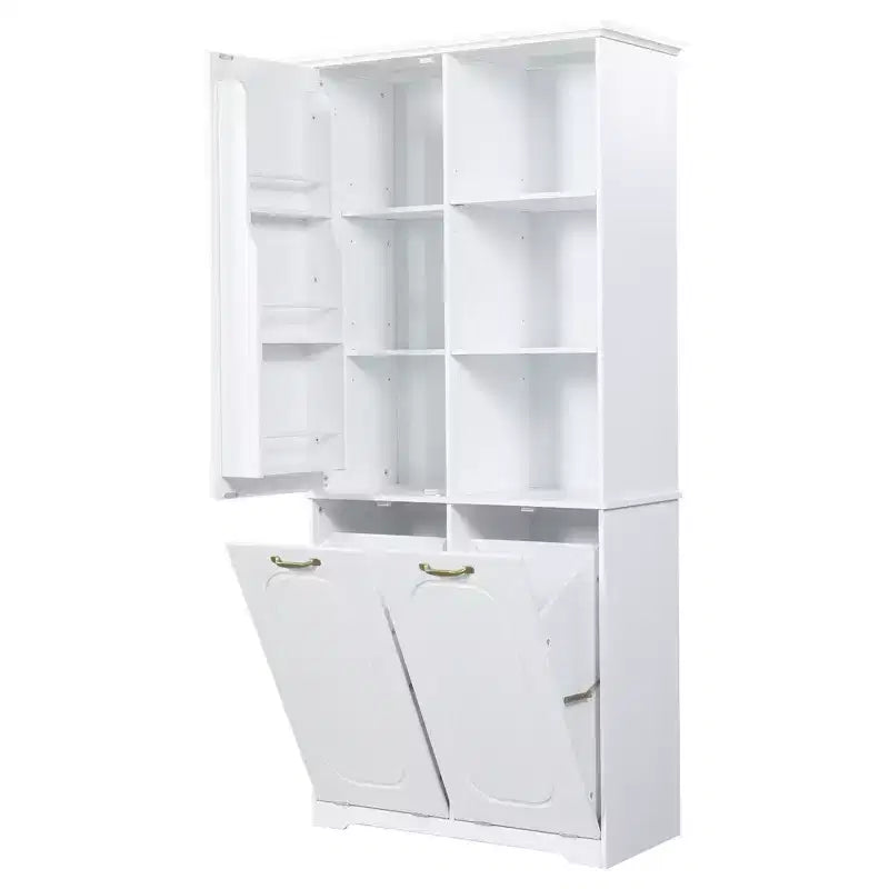 Armoire de rangement haute de salle de bain autoportante de 68 po avec 2 paniers à linge inclinables, étagères réglables, armoire à porte à fermeture en douceur - ModernLuxe