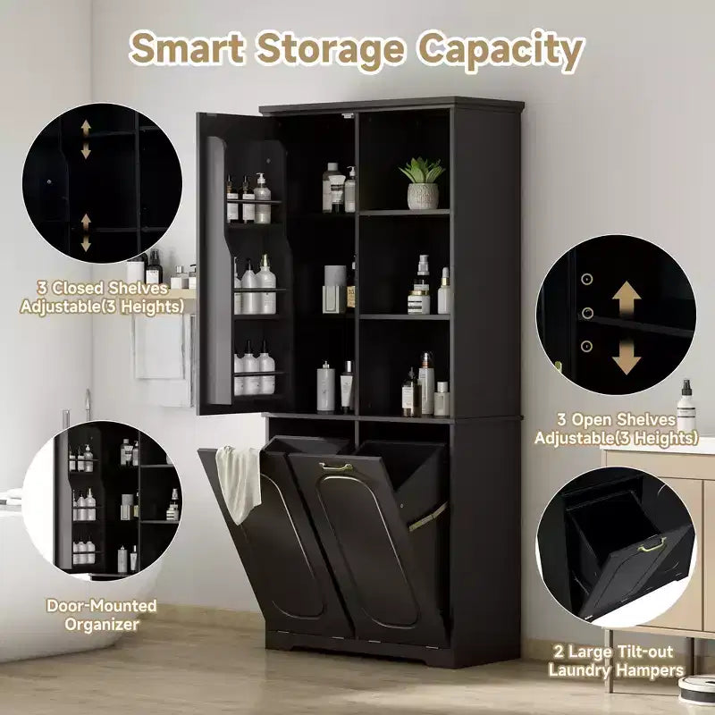 Armoire de rangement haute de salle de bain autoportante de 68 po avec 2 paniers à linge inclinables, étagères réglables, armoire à porte à fermeture en douceur - ModernLuxe