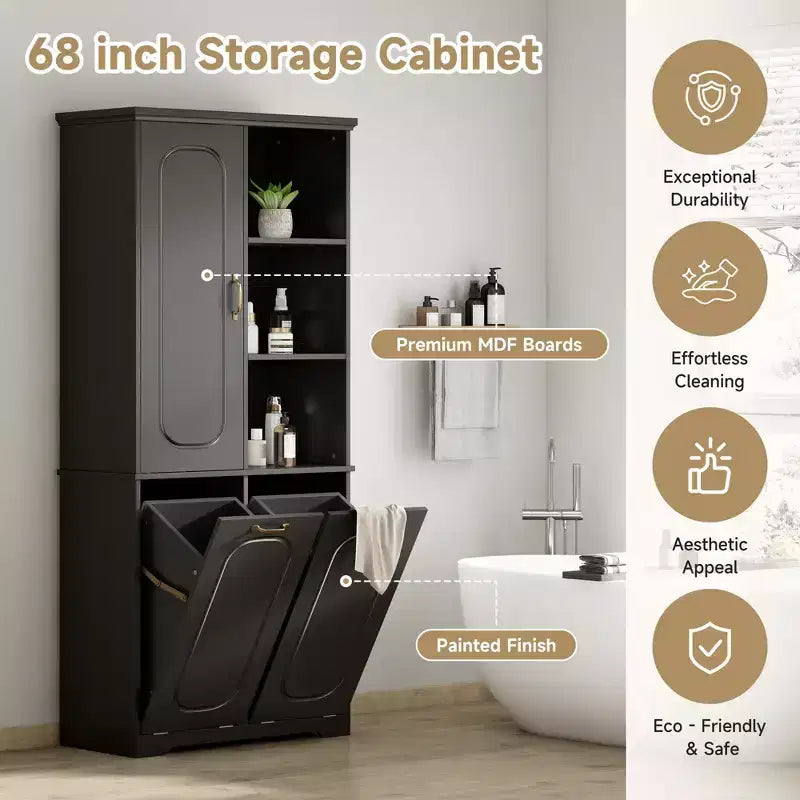Armoire de rangement haute de salle de bain autoportante de 68 po avec 2 paniers à linge inclinables, étagères réglables, armoire à porte à fermeture en douceur - ModernLuxe