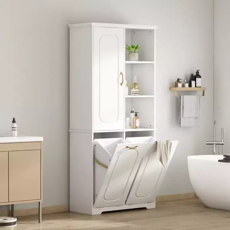 Armoire de rangement haute de salle de bain autoportante de 68 po avec 2 paniers à linge inclinables, étagères réglables, armoire à porte à fermeture en douceur - ModernLuxe