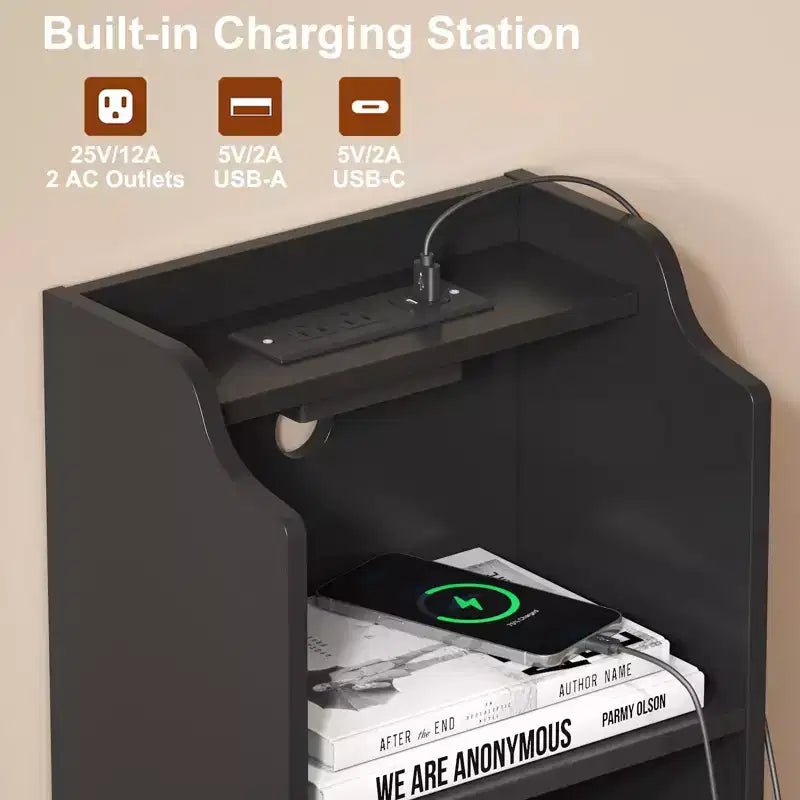 Table de chevet haute avec station de recharge, table d'appoint moderne pour chambre à coucher