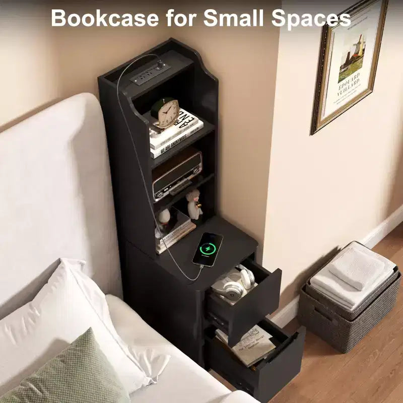 Table de chevet haute avec station de recharge, table d'appoint moderne pour chambre à coucher