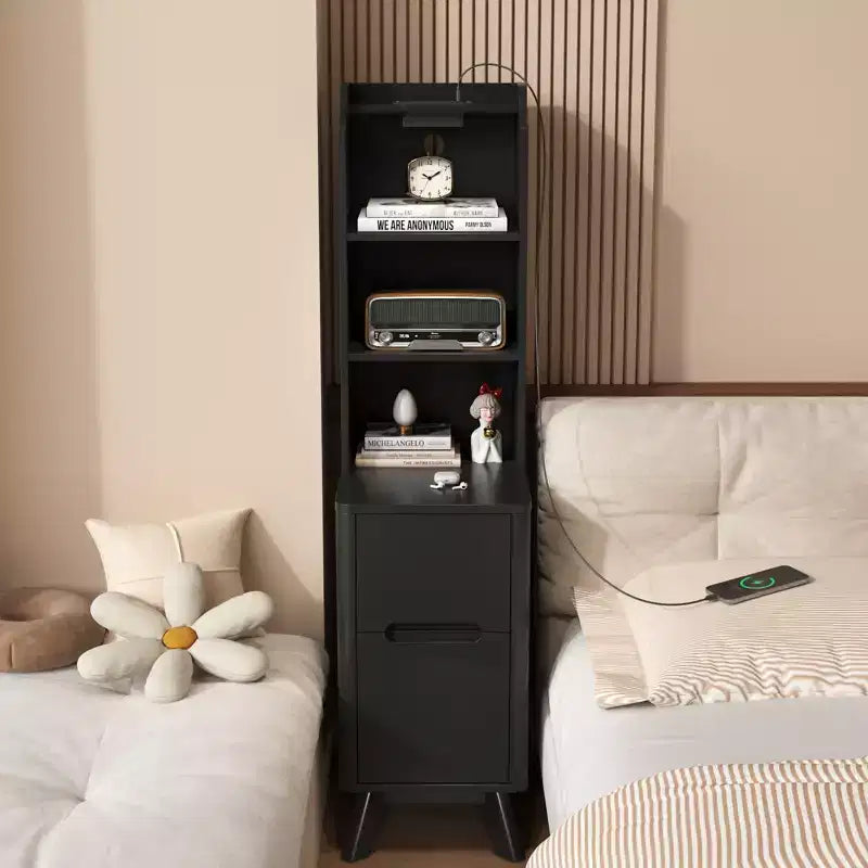 Tall Nightstand with Charging Station,Modern End Bedside Table for Bedroom