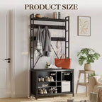 70 Shoe Rack with Coat Hanger, Metal Frame Hall Tree with Bench and Shoe Storage, Hooks & Open Shelf, Standing Entryway Clothing Rack for Hallway
