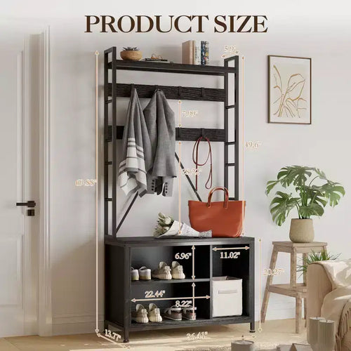 70 Shoe Rack with Coat Hanger, Metal Frame Hall Tree with Bench and Shoe Storage, Hooks & Open Shelf, Standing Entryway Clothing Rack for Hallway