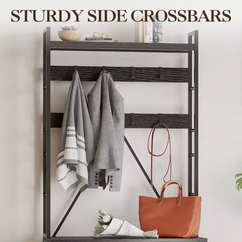 Meuble d'entrée 70 cm avec porte-manteau, cadre métallique, banc et rangement pour chaussures, crochets et étagère ouverte, portemanteau autoportant pour couloir
