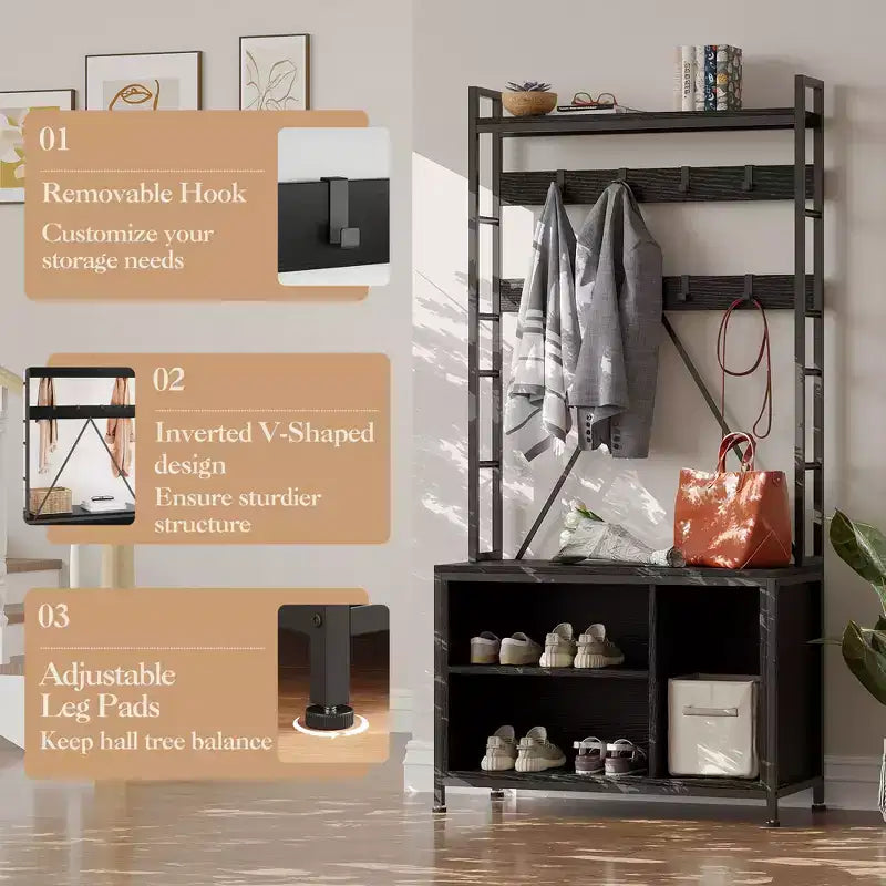 Meuble d'entrée 70 cm avec porte-manteau, cadre métallique, banc et rangement pour chaussures, crochets et étagère ouverte, portemanteau autoportant pour couloir