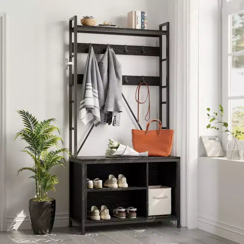 Meuble d'entrée 70 cm avec porte-manteau, cadre métallique, banc et rangement pour chaussures, crochets et étagère ouverte, portemanteau autoportant pour couloir