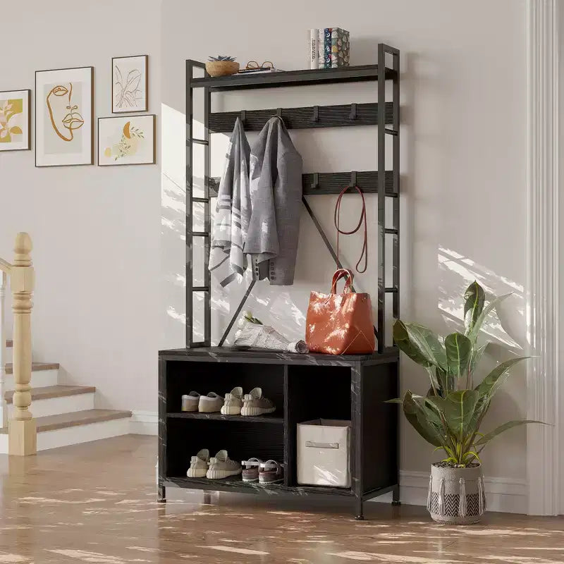 Meuble d'entrée 70 cm avec porte-manteau, cadre métallique, banc et rangement pour chaussures, crochets et étagère ouverte, portemanteau autoportant pour couloir