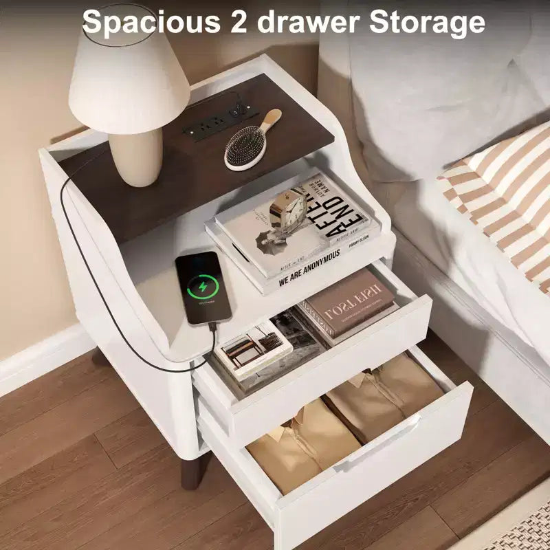 Table de chevet à 2 tiroirs avec station de charge, table de nuit de 53 cm avec étagères ouvertes pour chambre à coucher
