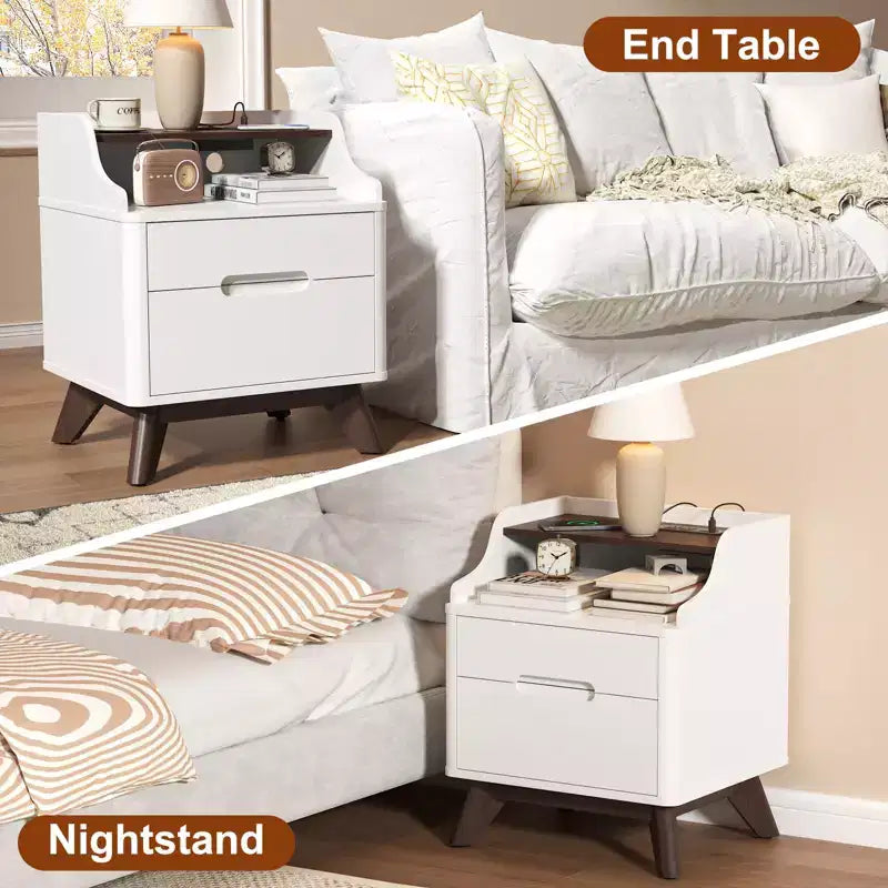 Table de chevet à 2 tiroirs avec station de charge, table de nuit de 53 cm avec étagères ouvertes pour chambre à coucher