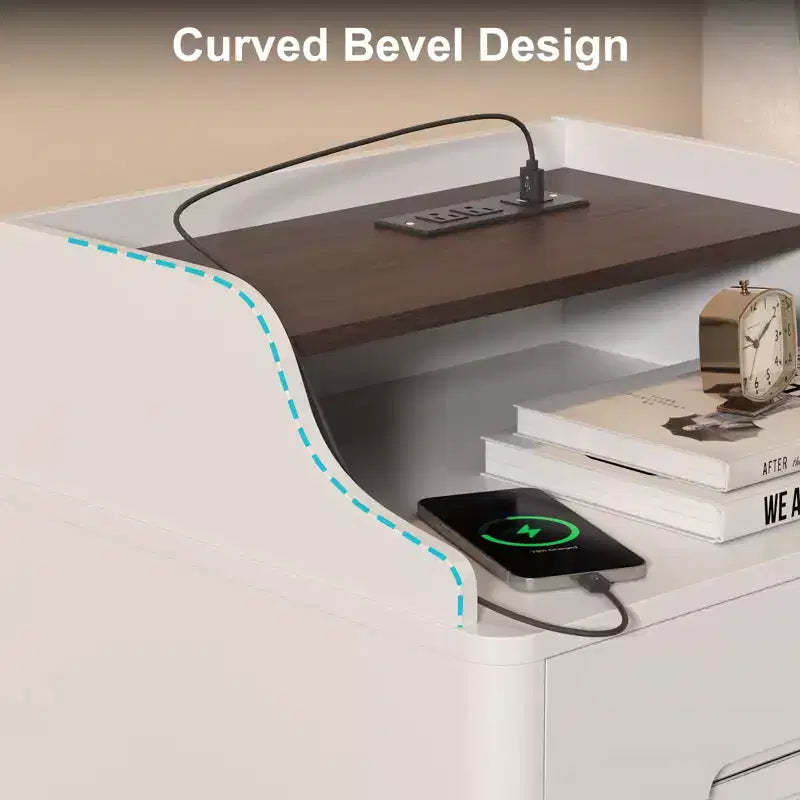 Table de chevet à 2 tiroirs avec station de charge, table de nuit de 53 cm avec étagères ouvertes pour chambre à coucher