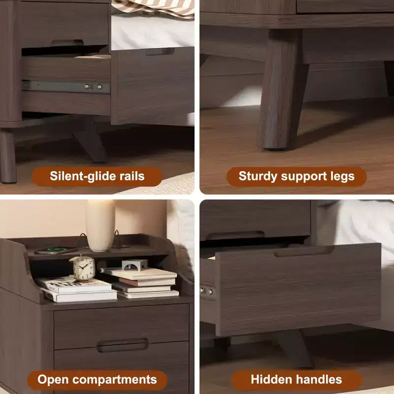 Table de chevet à 2 tiroirs avec station de charge, table de nuit de 53 cm avec étagères ouvertes pour chambre à coucher