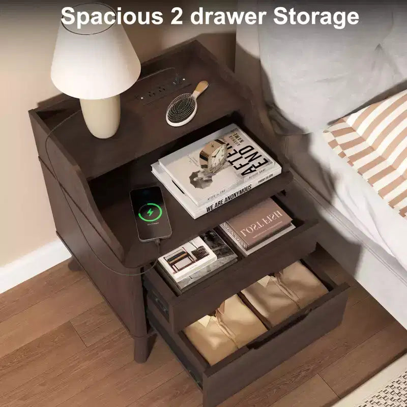 Table de chevet à 2 tiroirs avec station de charge, table de nuit de 53 cm avec étagères ouvertes pour chambre à coucher