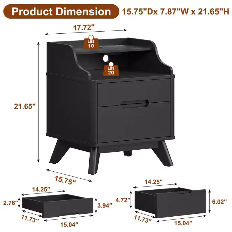 Table de chevet à 2 tiroirs avec station de charge, table de nuit de 53 cm avec étagères ouvertes pour chambre à coucher