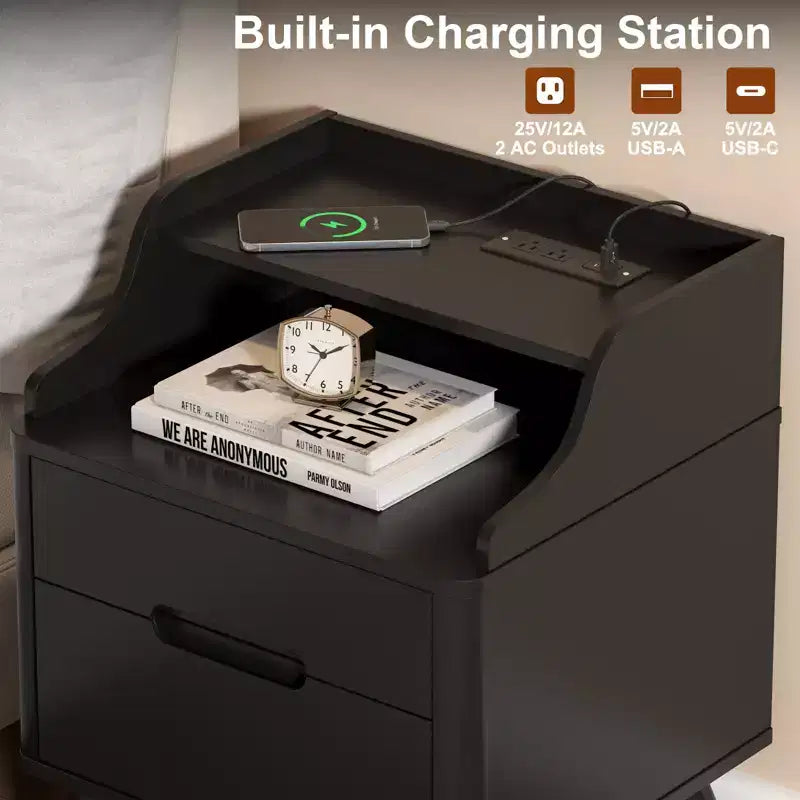 Table de chevet à 2 tiroirs avec station de charge, table de nuit de 53 cm avec étagères ouvertes pour chambre à coucher