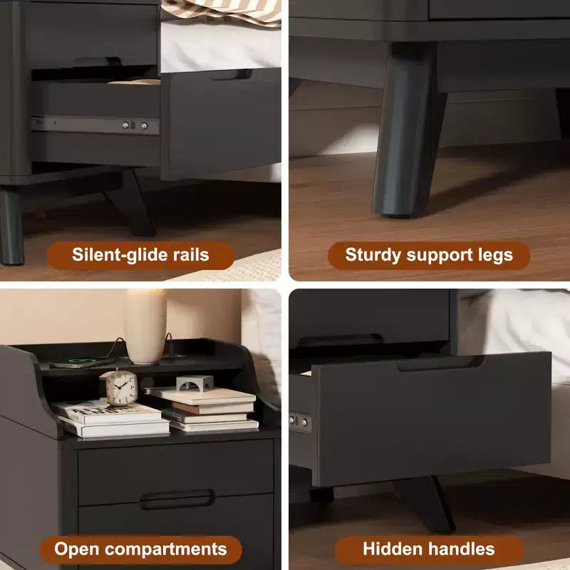 Table de chevet à 2 tiroirs avec station de charge, table de nuit de 53 cm avec étagères ouvertes pour chambre à coucher