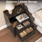 Table de chevet à 2 tiroirs avec station de charge, table de nuit de 53 cm avec étagères ouvertes pour chambre à coucher