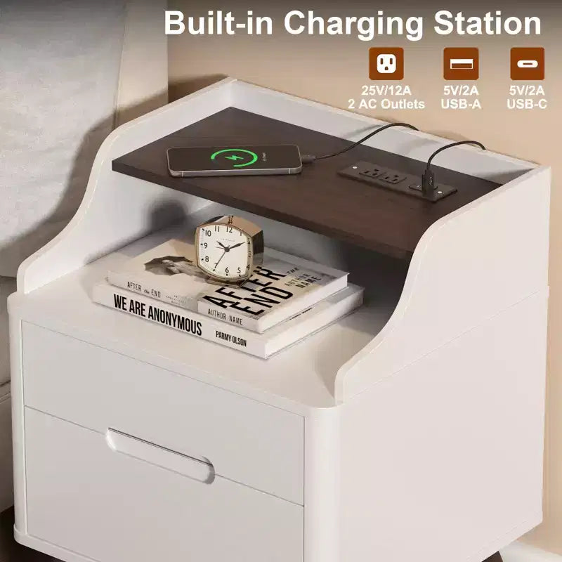 Table de chevet à 2 tiroirs avec station de charge, table de nuit de 53 cm avec étagères ouvertes pour chambre à coucher