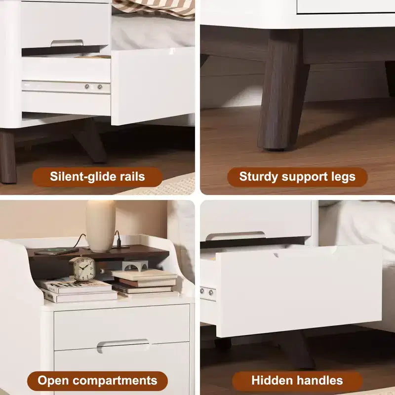 Table de chevet à 2 tiroirs avec station de charge, table de nuit de 53 cm avec étagères ouvertes pour chambre à coucher