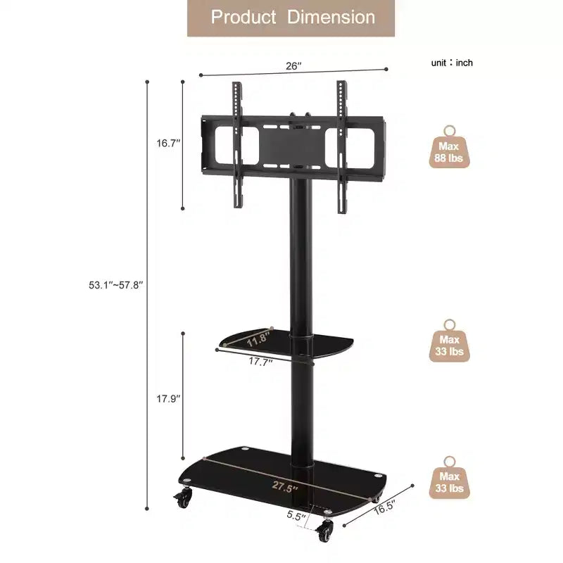 Chariot TV mobile multifonctionnel JVNOXK avec étagères en verre trempé à 2 niveaux, support TV réglable en hauteur et en angle avec roues verrouillables