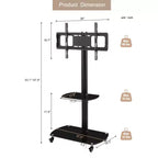 Chariot TV mobile multifonctionnel JVNOXK avec étagères en verre trempé à 2 niveaux, support TV réglable en hauteur et en angle avec roues verrouillables