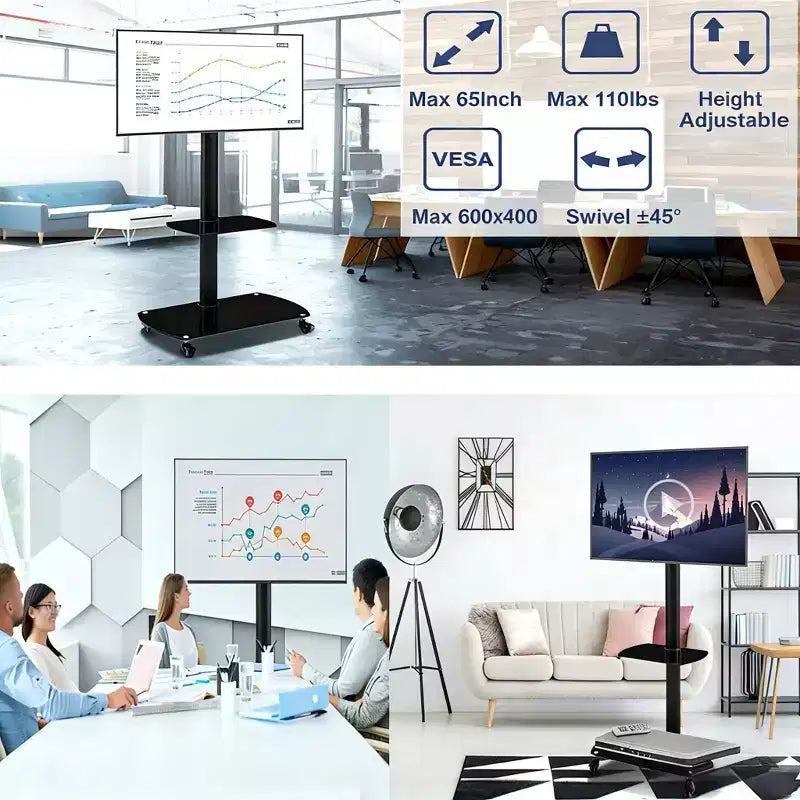 Chariot TV mobile multifonctionnel JVNOXK avec étagères en verre trempé à 2 niveaux, support TV réglable en hauteur et en angle avec roues verrouillables