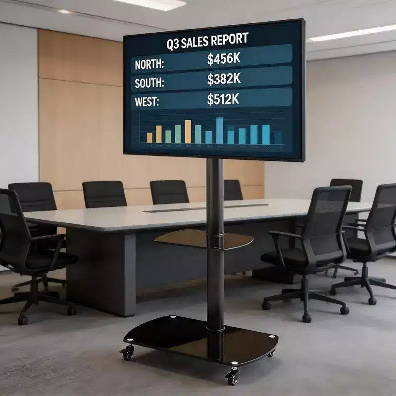 Chariot TV mobile multifonctionnel JVNOXK avec étagères en verre trempé à 2 niveaux, support TV réglable en hauteur et en angle avec roues verrouillables
