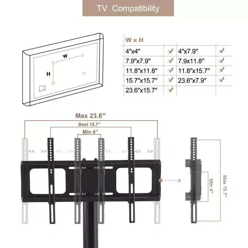 Chariot TV mobile multifonctionnel JVNOXK avec étagères en verre trempé à 2 niveaux, support TV réglable en hauteur et en angle avec roues verrouillables