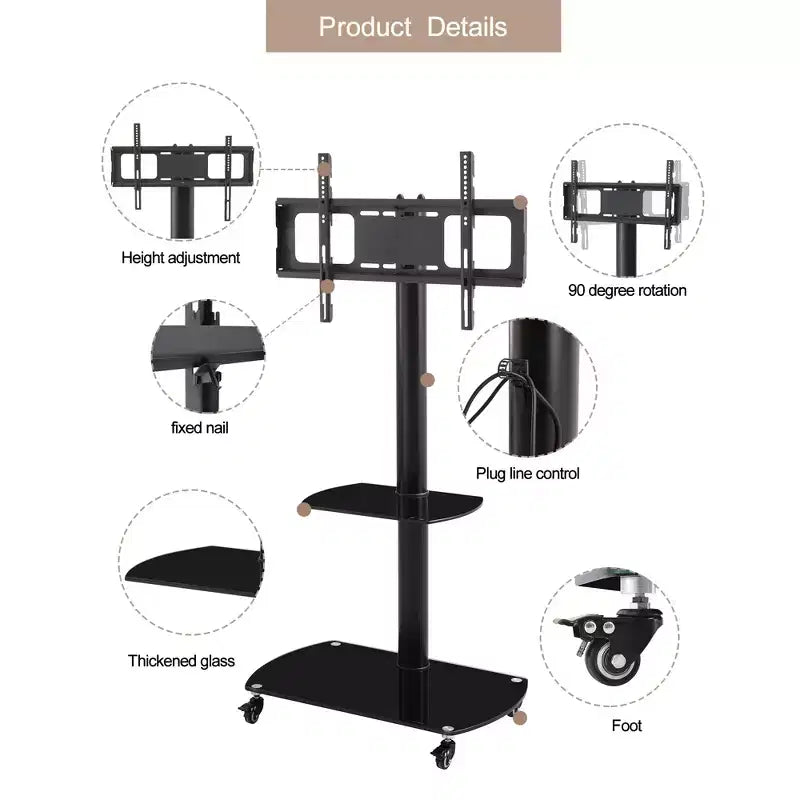 Chariot TV mobile multifonctionnel JVNOXK avec étagères en verre trempé à 2 niveaux, support TV réglable en hauteur et en angle avec roues verrouillables