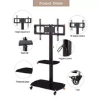 Chariot TV mobile multifonctionnel JVNOXK avec étagères en verre trempé à 2 niveaux, support TV réglable en hauteur et en angle avec roues verrouillables