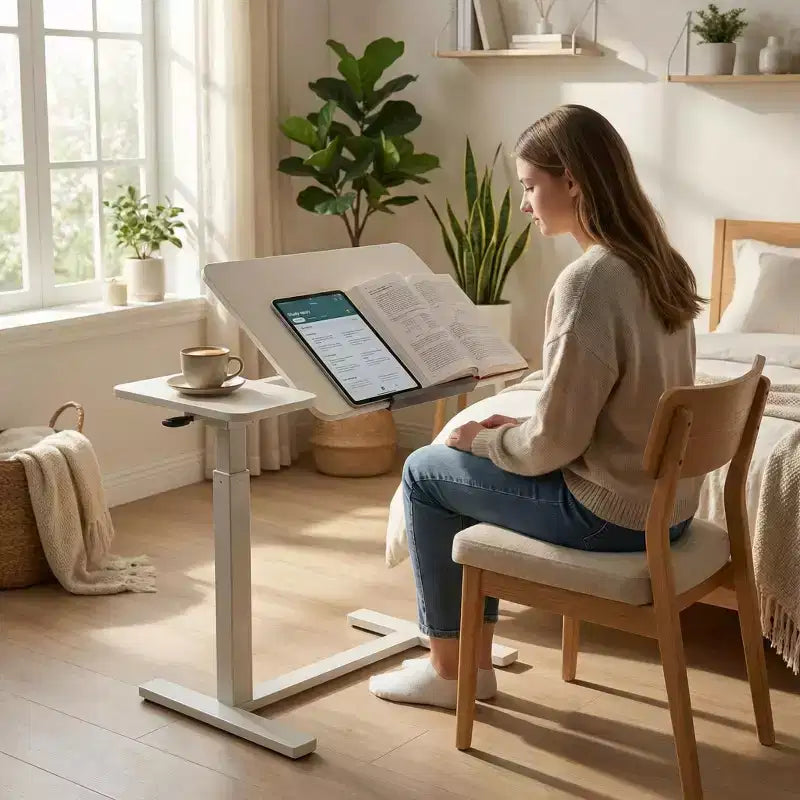 Table de télévision, bureau de lit, plateau rabattable, 4 roulettes, hauteur/angle réglable, table d'ordinateur portable roulante, portable pour la maison/le bureau/l'étude/l'hôpital