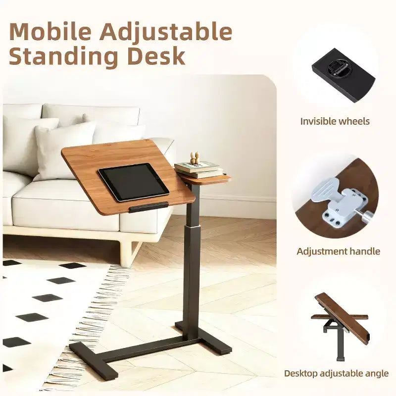 Table de télévision, bureau de lit, plateau rabattable, 4 roulettes, hauteur/angle réglable, table d'ordinateur portable roulante, portable pour la maison/le bureau/l'étude/l'hôpital