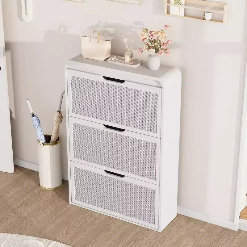 Meuble à chaussures en rotin avec 3 tiroirs basculants, meuble de rangement pour chaussures fin et étroit pour entrée avec étagères réglables