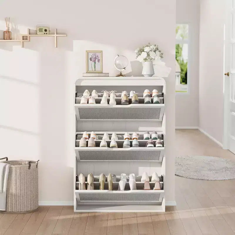Meuble à chaussures en rotin avec 3 tiroirs basculants, meuble de rangement pour chaussures fin et étroit pour entrée avec étagères réglables