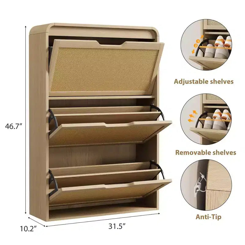 Meuble à chaussures en rotin avec 3 tiroirs basculants, meuble de rangement pour chaussures fin et étroit pour entrée avec étagères réglables