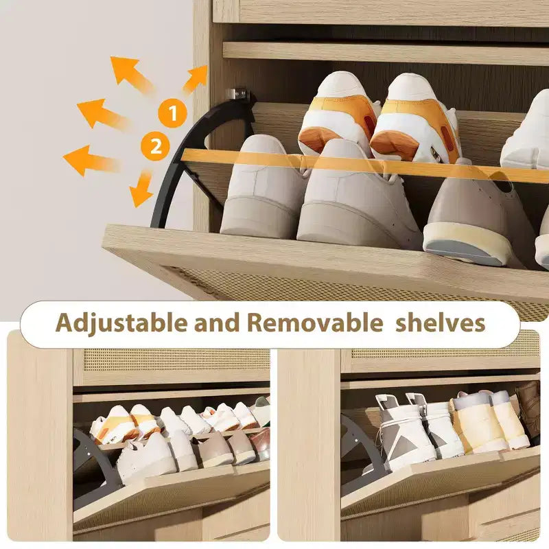 Meuble à chaussures en rotin avec 3 tiroirs basculants, meuble de rangement pour chaussures fin et étroit pour entrée avec étagères réglables