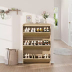 Meuble à chaussures en rotin avec 3 tiroirs basculants, meuble de rangement pour chaussures fin et étroit pour entrée avec étagères réglables