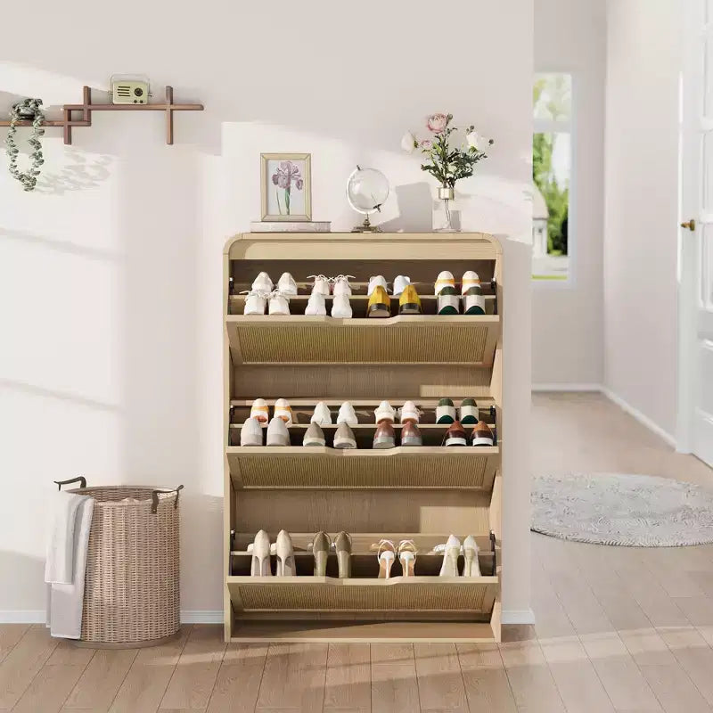 Meuble à chaussures en rotin avec 3 tiroirs basculants, meuble de rangement pour chaussures fin et étroit pour entrée avec étagères réglables