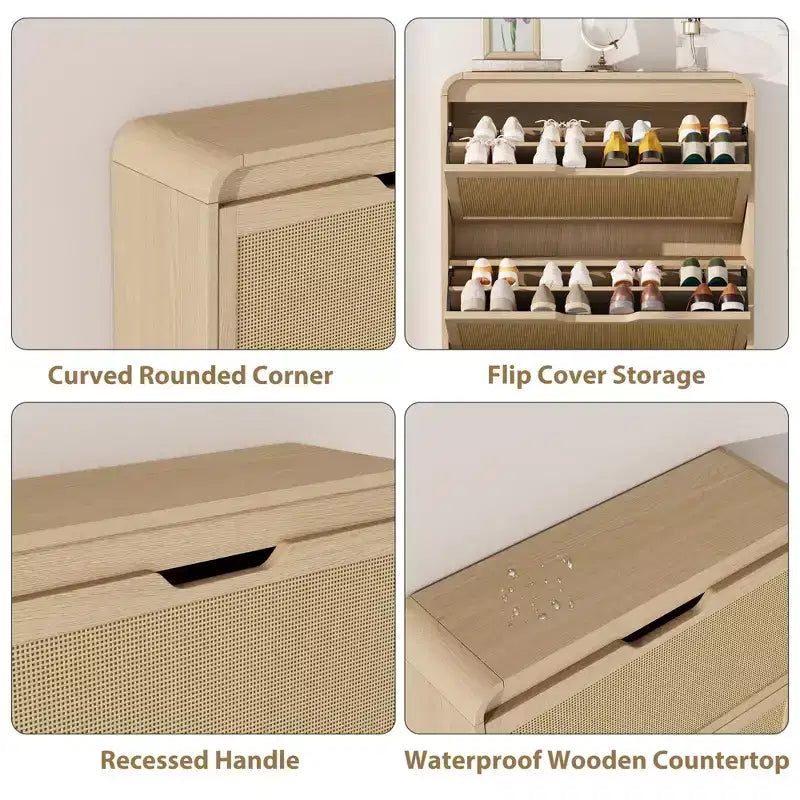 Meuble à chaussures en rotin avec 3 tiroirs basculants, meuble de rangement pour chaussures fin et étroit pour entrée avec étagères réglables