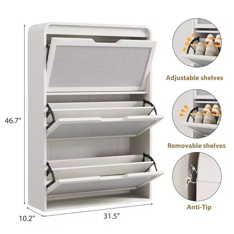 Meuble à chaussures en rotin avec 3 tiroirs basculants, meuble de rangement pour chaussures fin et étroit pour entrée avec étagères réglables